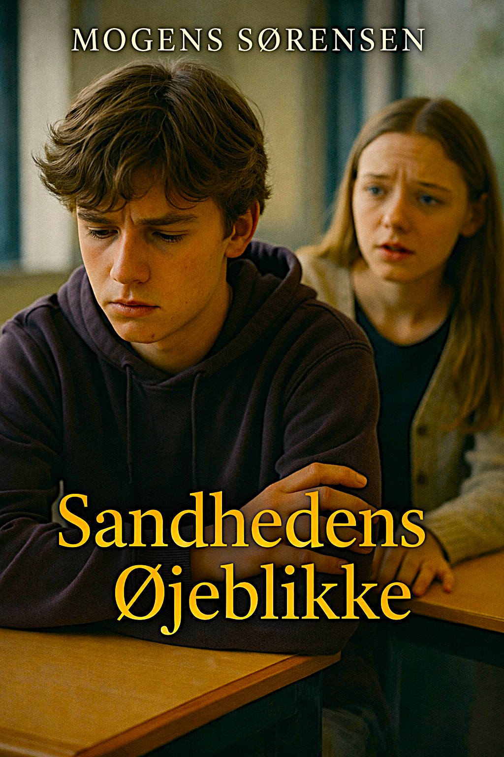 Coverbillede til romanenen Sandhedens Øjeblikke, forestillende et en trist ung mand og en ung kvinde, der forsøger at få ham i tale.